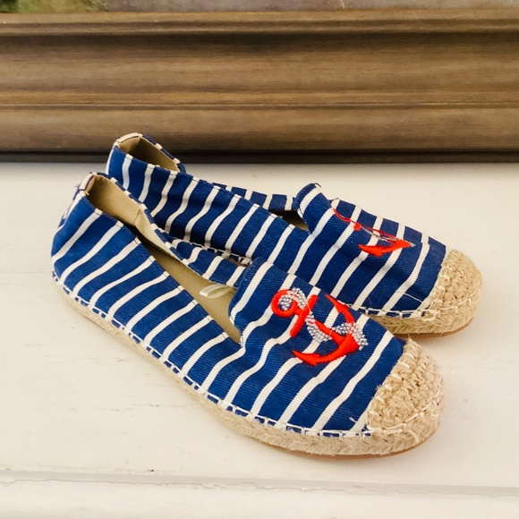 Anchor Blue Stripe Slip On Shoes Espadrilles Size 9 Women’s Nautical Summer - Picture 9 of 14